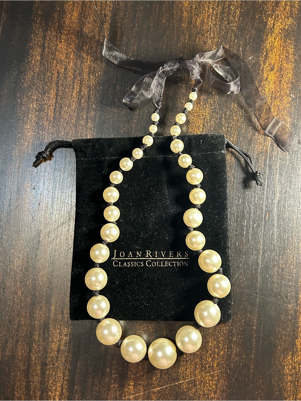Joan Rivers Pearl Necklace with Ivory Beads and Black Ribbon